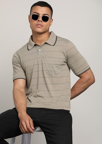 Image of INKKR Men Striped Polo Neck Cotton Blend T-Shirt