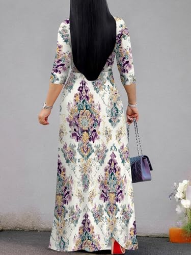 Image of Women's V Neck Floral Maxi Dress 3 /4 Sleeve Plus Size Boho Wrap Flowy Long Dresses with Belt
