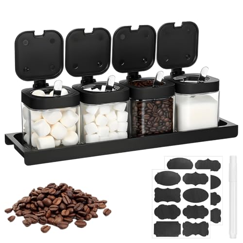 YBEATY 4 Pcs Glass Coffee Containers Coffee Bar Station Organizer Canister Set Airtight Seal Bean Storage Jars Condiment Spice Pots with Base Shelf Labels Spoon Pen for Sugar Tea Candy Oats Nuts