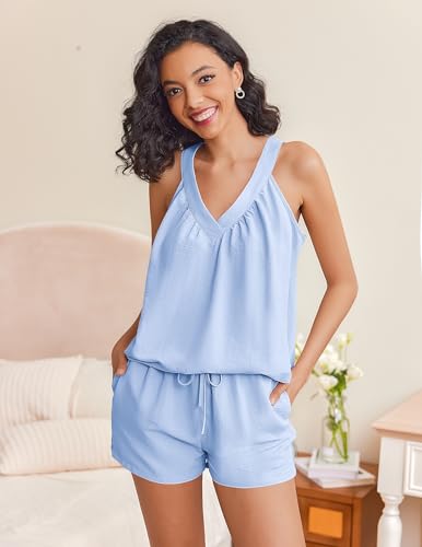 Image of Ekouaer Lounge Sets for Women 2 Piece Summer Pajamas Tank Top Shorts Set Comfy Loungewear Cute Beach Vacation Outfits