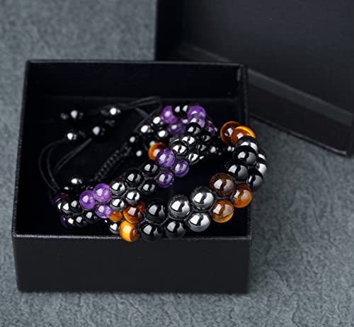 Triple Protection Bracelet 2 Packs, Genuine Tigers Eye Black Obsidian And Hematite 8Mm Beads Bracelet For Men Women, Handmade Amethyst Crystal Jewelry Healing Bracelets Bring Luck, Prosperity And Happiness (8Mm Tiger Eye And 6Mm Amethyst) #TOP1