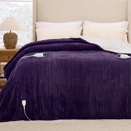 Bedsure Ribbed Electric Blanket Queen, Purple Heated Blanket, Preheat