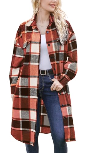 Women's 2024 Plaid Shacket Jacket Casual Button Wool Blend Long Tartan Trench Coat with Pockets Fall Winter