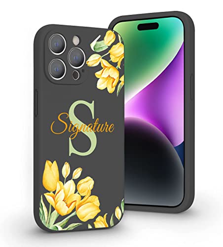 Vngda Custom Name & Initial - Yellow Tulip Flowers - Liquid Silicone Case For Iphone 14 Pro Max 13 12 11 Xs Max Xr Se3 8 7 6 Plus 11 Pro Mini,With Camera Protection Case For Woman #TOP11