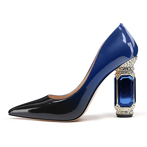 Image of JANSEVEN Women Chunky Heels Pumps Crystal Block Heels with Rhinestones Pointed Toe Sexy Gradient Patent Leather Slip on Bridal Party Wedding Dress Shoes 5-13 M US