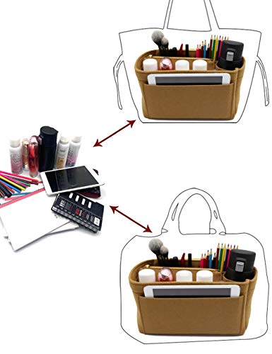 Image of LEXSION Felt Purse Bag Organizer Insert with zipper Bag Tote Shaper Fit Speedy Neverful PM MM, 2-Light Brown, Slender Large