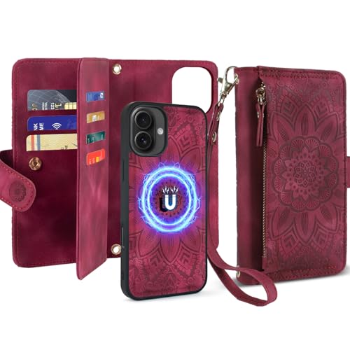Harryshell for iPhone 16 6.1" Detachable Magnetic Case Wallet,Compatible with Magsafe Wireless Charging, [ RFID Blocking ] Card Slots, Cash Zipper Pocket Wrist Strap (Floral Wine Red)