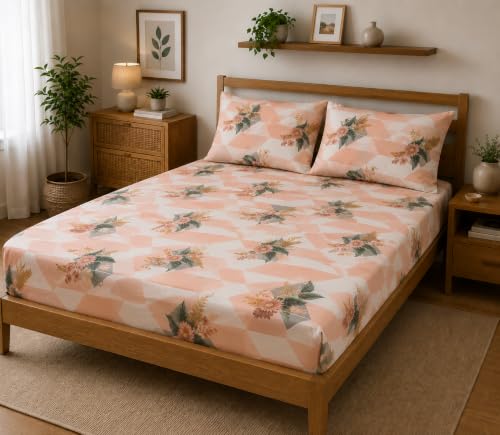 Image of Fitted Bedsheet Peach Floral Chevron Print Glace Cotton 210 TC | Full Single Size for Single Bed Fits 4 x 6.25 ft Mattress (48 x 75 Inch) | All Around Elastic | 2 Pillow Covers | 7 Inch Deep Pocket