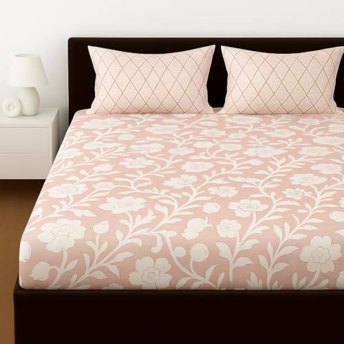 Image of Elastic Fitted Bedsheets with 2 King Size Pillow Covers | Double Bed with All Around Elastic, Size 72 x 78 x 8 Inches (Light Pink)