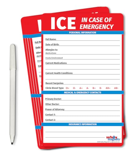 Safety Magnets by ZOCO – in Case of Emergency (ICE) Contact Magnet for Seniors (5-Pack) – File of Life Medical Information Card for Fridge – 5.25