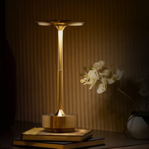 Image of Rosha Zenith Wireless Aluminium LED Table Lamps with Modern Cool Lighting | Upto 13-14 Hrs 2500 mAh Rechargeable Batteries | Touch Dimmer Control | 3 Level Brightness (Gold)