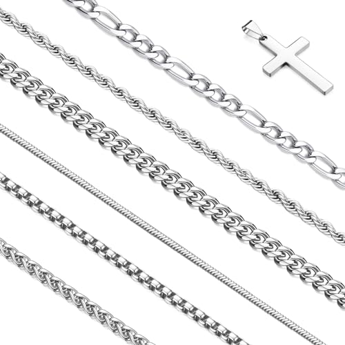 Stackable Gold/Silver Chain for Men, 6/7 Pcs Stainless Steel Cross Chain Mens Necklace Jewelry Set for Men, 5/6 Chains + 1 Cross Pendant