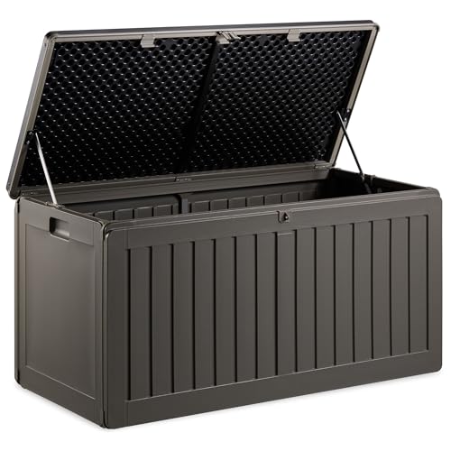 VonHaus Garden Storage Box 270L – Outdoor Utility Chest Organiser – Weatherproof Plastic, Lockable Lid, Sliding Bar Hinge, Carry Handles, Portable – For Garden, Patio, Balcony, Decking – Grey, Black