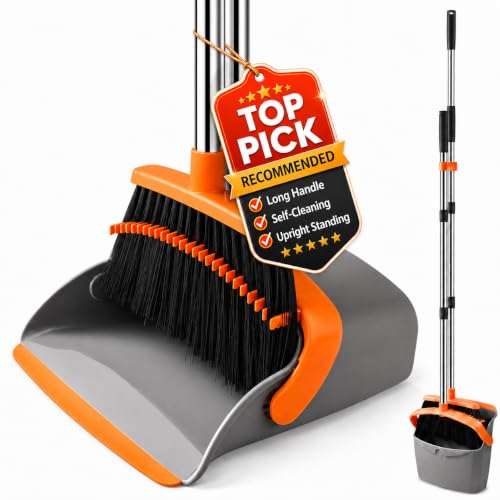 Image of Broom and Dustpan Set, Upgraded Broom with Dustpan Combo Set with 56 inch Tall Adjustable Handle, Self-Cleaning Teeth, Upright Standing Dust Pan for Heavy Duty Indoor Outdoor Cleaning and Pet Hair