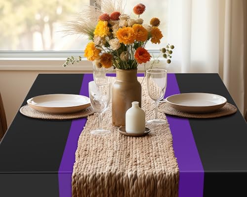 Image of Oudain 6 Pcs Plastic Table Cloths Disposable 54 inch x 108 inch, Black, Purple | Rectangle Table Cover, Waterproof Tablescloths for Back to School Wedding Baby Shower Birthdays Party Decoration