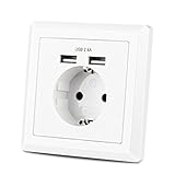 2.4A Schuko Unterputz Steckdose mit USB Anschlüsse, USB Schuko Schutzkontakt Steckdose Weiß...