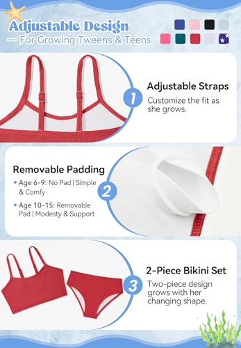 Image of Zando 2 Piece Ribbed Swimsuits for Teen Girls Kids Size 6-15 Years High Waisted Solid Cute Bikini for Summer Beach Wear