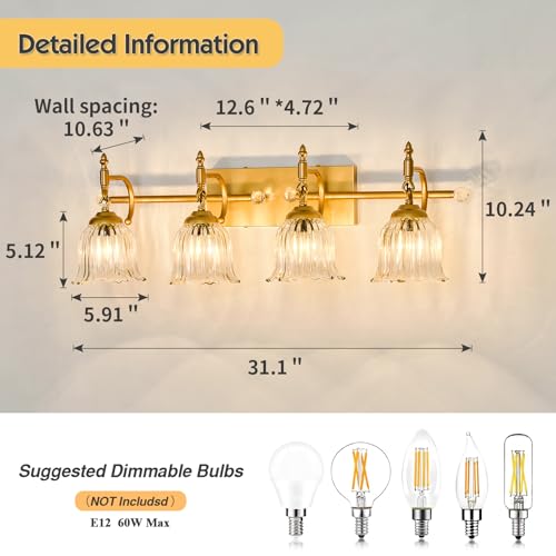 Image of CVKASH 4-Light Bathroom Vanity Light Fixtures Over Mirror,Brushed Gold Modern Vanity Lights with Glass Shade Vintage Wall Sconce for Bedroom Dressing Room Living Room Hallway Cabinet