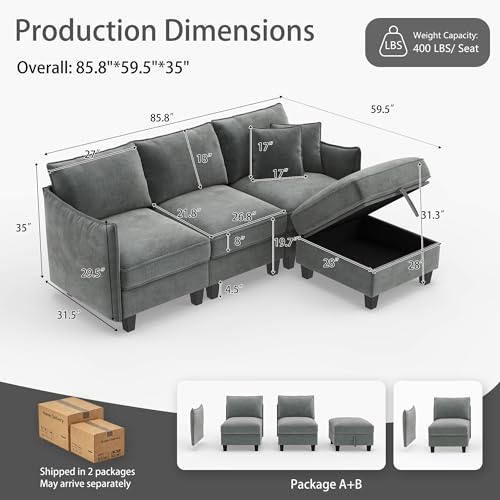 Image of Ihanherry 85.8 inch Modular L-Shaped Sectional Sofa, Modern 4-Seat Cloud Couch with Storage Ottoman, Comfy Chenille Convertible Furniture Set for Living Room, Apartment, Easy Assembly, Dark Grey