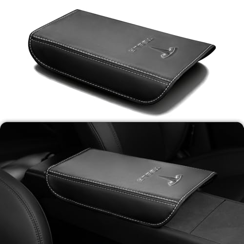 Powlamks Center Console Armrest Cover for Tesla Model Y 2020-2026 / Model 3 2019-2025 Soft Embossed Armrest Protector Armrest Box Cushion Non-Slip Leather with Logo Black Accessories for Tesla