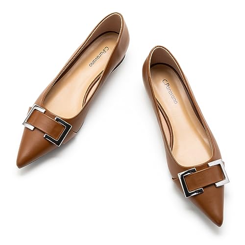 C.Paravano Women's Pointed Toe Flats | Soft Leather Ballet Shoes with Square Buckle | Comfortable Slip On Work Shoes | Dressy Flats for Office, Travel & Daily Wear(Size 6,Brown)