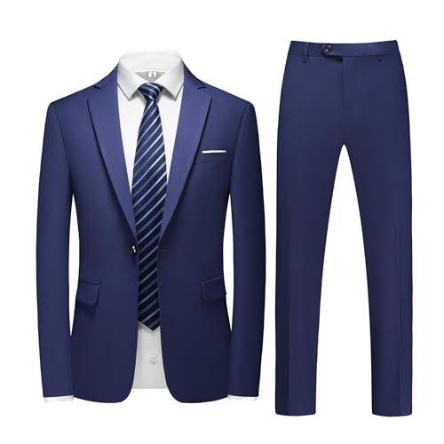 Men's Navy Blue 2 Piece Suit, Slim Fit Solid Jacket, Pants, and Tie for Business Wedding (Jacket 36/Pants Waist 32)