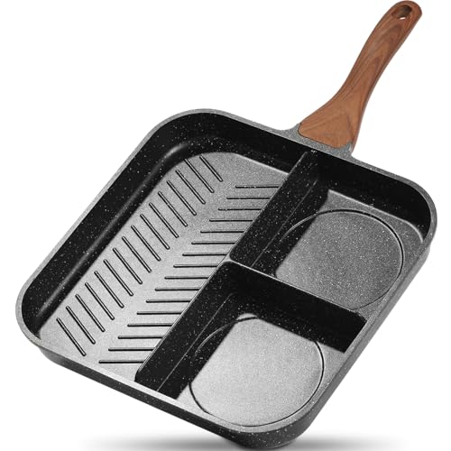ESLITE LIFE 11 Inch Nonstick Divided Grill Pan for Indoor Cooking, Versatile 3-In-1 Induction Large Breakfast Pan for Stove Tops, PTFE & PFOA Free, Black