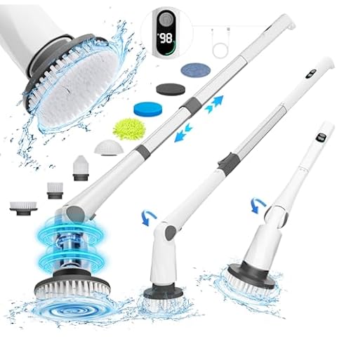 Electric Spin Scrubber, Cordless Spin Scrubber IPX7 Waterproof with 7 Replaceable Cleaner Brush Heads and Adjustable Extension Handle, Power Cleaning Brush for Bathtub Tile Floor Cover