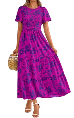 Image of PRETTYGARDEN Women's 2026 Summer Casual Flutter Short Sleeve Boho Floral Maxi Dress Crew Neck Smocked Tiered Long Dresses