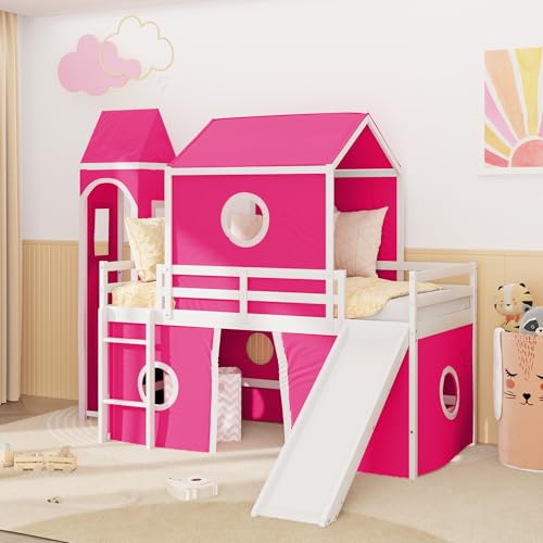 FUCIHOMA Twin Size Loft Bed with Slide Pink Play Tent and Castle Tower Solid Pine Wood Construction 3 Configurations for Kids Room Semi-Enclosed Design with Storage Space Under Bed