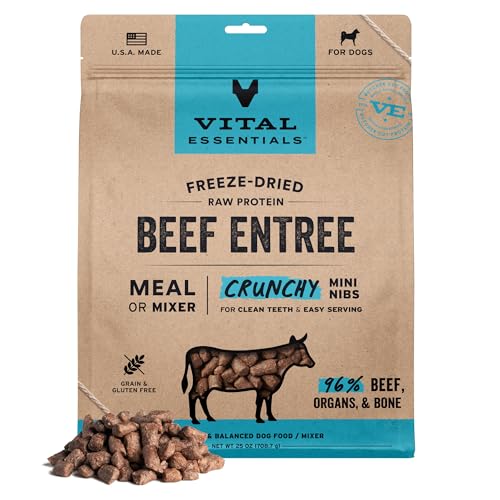 Image of Vital Essentials Freeze Dried Dog Food, Beef Mini Nibs, 25 oz Bag | Crunchy, Complete Meal or Topper, Made With 96% Beef, Organs & Bone, High Protein Raw Nutrition, Grain-Free Recipe