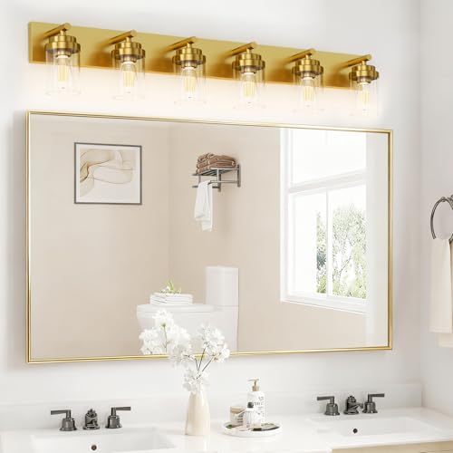 Image of IZORRO Bathroom Vanity Light Fixture, 6-Light 46 Inch Gold Bathroom Light Fixtures Over Mirror, with Clear Glass Shade, Modern Farmhouse Vanity Lights, Rustic Restroom Lighting Fixtures