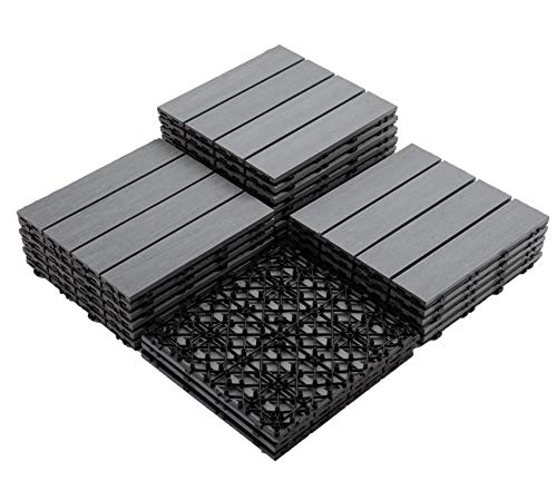 PANDAHOME 22 PCS Wood Plastic Composite Patio Deck Tiles, 12”x12” Coextrusion Pattern Interlocking Decking Tiles, Water Resistant for Indoor & Outdoor, 22 sq. ft - Westminster Grey 3D