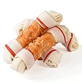 ASMPET Dog Treats Chews, 6.5" Chicken Wrapped Rawhide Knotted Bones Dental Care Chews for Small Medium Large Breeds（4 Pieces）