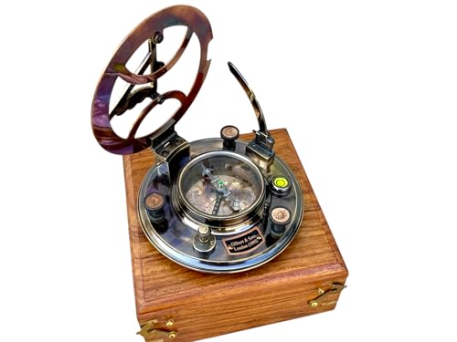 Brújula antigua grande con sundial, caja de caoba miniatura 3