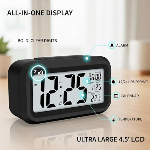 Image of Digital Alarm Clock for Heavy Sleepers, Digital Clock Table Clock for Study Table, Students, Office | Alarm Clock for Bedroom with Loud Sound, Automatic Sensor,Date & Temperature (Black, Medium)