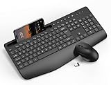 Wireless Keyboard and Mouse Combo, Full-Size Ergonomic Keyboard with Wrist Rest, Phone Holder, Sleep Mode, Silent 2.4GHz Cordless Set for Computer, Laptop, PC, Mac, Windows (Black)