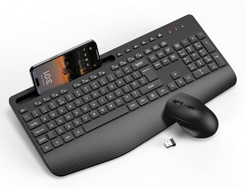 Wireless Keyboard and Mouse Combo, Full-Size Ergonomic Keyboard with Wrist Rest, Phone Holder, Sleep Mode, Silent 2.4GHz Cordless Set for Computer, Laptop, PC, Mac, Windows (Black)