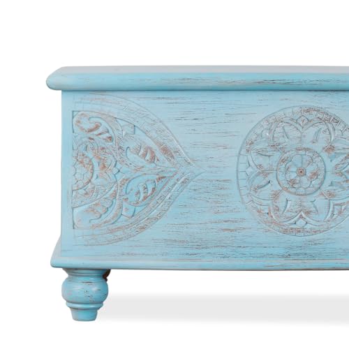 Image of Devin Wooden Trunk Box for Storage | Solid Wood Coffee Table for Living Room | Center Coffee Table with Storage | Front Wooden Carved Sandook Pitara for Home Decor (Light Blue Distress)