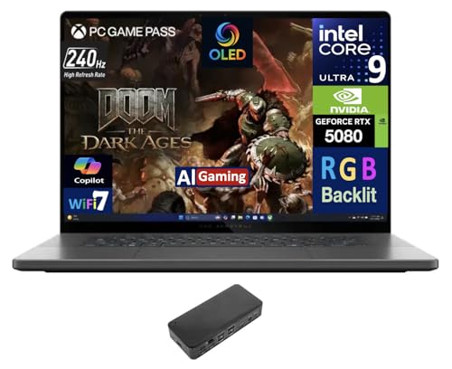 Image of ASUS ROG Zephyrus AI Gaming Laptop 16.0 inch 240Hz OLED WQXGA Display (Intel Ultra 9-285H, GeForce RTX 5080 16GB, 32GB LPDDR5X, 4TB PCIe SSD, RGB KB, Thunderbolt 4, Win 11 Home) w /USB-C Dock