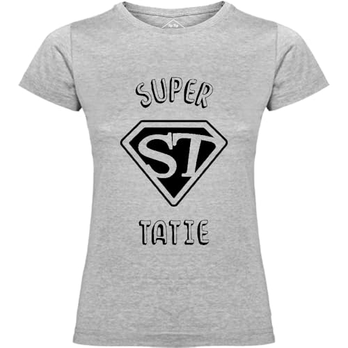T-Shirt Femme Super Tatie Gris en coton col rond pour la vie quotidienne