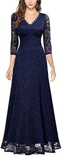 MISSMAY Women's Formal Floral Lace 2/3 Sleeves Bridesmaid Party Maxi Dress (Large, Navy Blue)