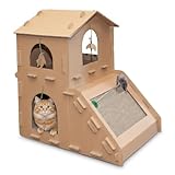 FurHaven Townhouse Multi-Level Cardboard Cat House for Indoor Cats with Catnip & Toys, Double-Walled Corrugated Scratcher Designed for Lounging, Play & Comfort, One Size, Cardboard, Brown