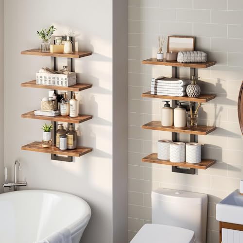 Image of HOOBRO Floating Shelves, 15 Inch Wall Shelf Set of 4, Wall Mounted Storage Shelves 2-Tier, Hanging Bathroom Shelves, for Living Room, Bedroom, Bathroom, Kitchen, Rustic Brown and Black BF32BJP401