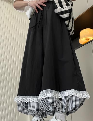 Womens Preppy Summer Tartan Bloomer Pants Lace Trim High Waist Flared Leggings Vintage Pantaloons Loungewear3