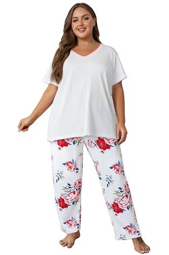 Image of Vozanet Women's Pajama Sets Short Sleeve with Long Pant Soft Sleepwear Printed pj Loungewear With TWO Pockets Size 1X to 5X