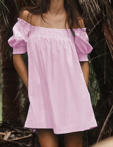 Image of Huaqiao Womens Summer Mini Dress 2026 A-Line Square Neck Puff Sleeve Beach Sundress Casual Short Dress with Pockets