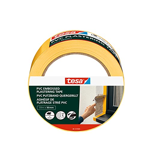 tesa Cinta de Enlucido PVC - Cinta de Carrocero con Refuerzo de PVC de Alta Calidad - Rasgable a Mano - Para la Protección al Enlucir en Exteriores - 33 m x 50 mm - Amarillo