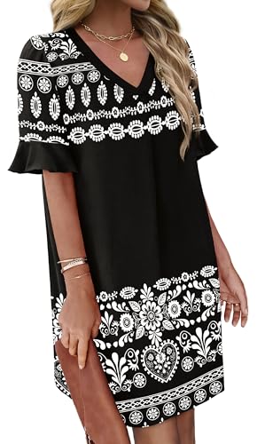Image of OFEEFAN Summer Dresses for Women Ruffle Short Sleeve V Neck Casual Shift Dress with Pockets