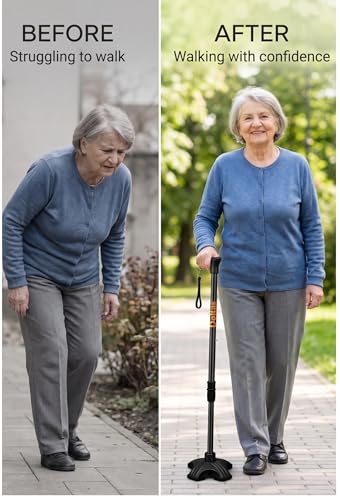 Image of DOLTAS Walking Stick with Self Standing Base | Adjustable Height Lightweight| Ergonomic Grip Walking Cane for Men & Women | Stable Base Leg Support Stick for Elderly, Patients & Disabled.
